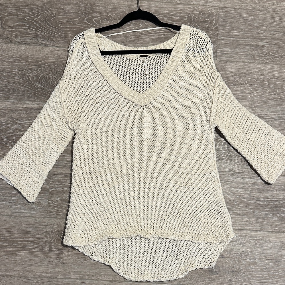 Free People Cream Open-Knit V-Neck Sweater - Size SP - Picture 1 of 6